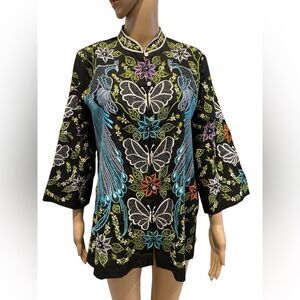 The Emporium Embroidered Black Top with Multicolor Design size L